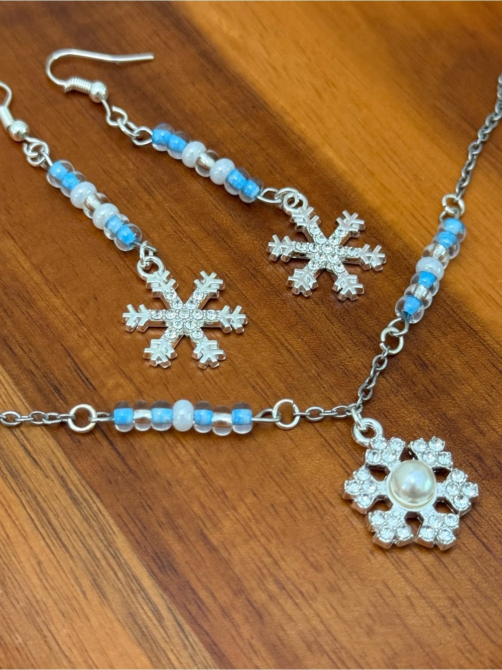 Blue & White Snowflake Dangle Earrings with Pearl Accent & Snowflake Necklace